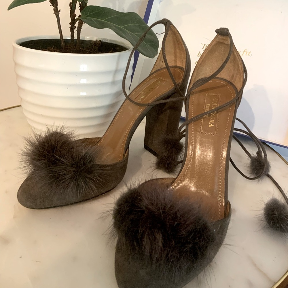 NEW! Aquazzura Wild Russian Mink Fur Pump, Urban Gray, Size 37